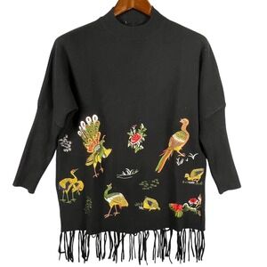 Keyingyi Womens L Cashmere Blend Embroidered Peacock Bird Fringe Sweater Boho